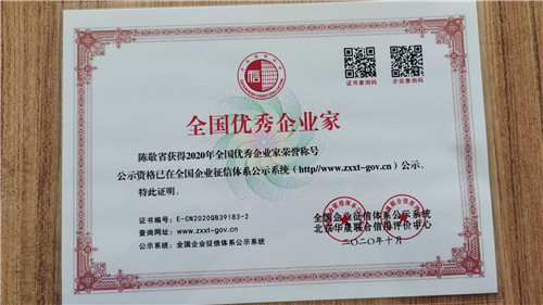 中國優(yōu)秀企業(yè)家證書